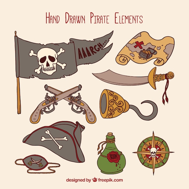 Vector gratuito set de accesorios de piratas dibujados a mano