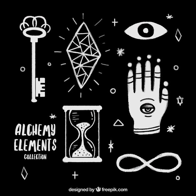 Set de accesorios y símbolos de alquimia dibujados a mano