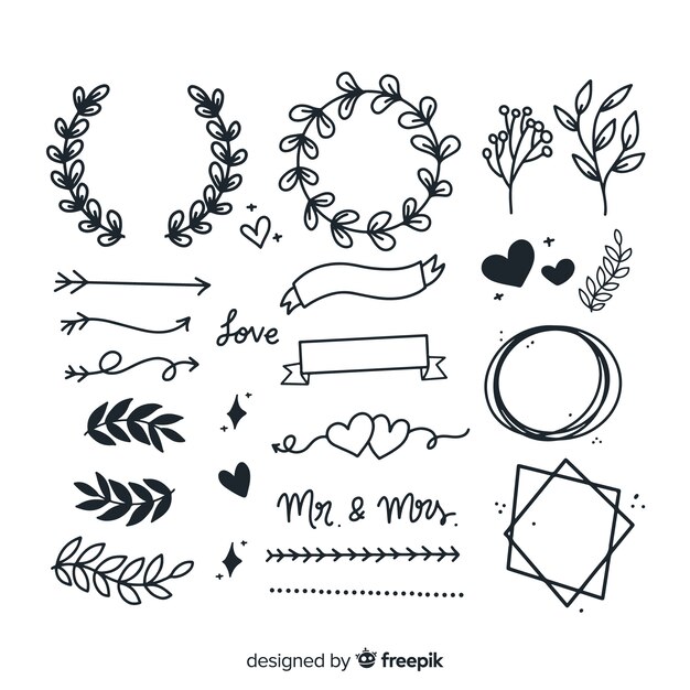Set de adornos de boda dibujados a mano