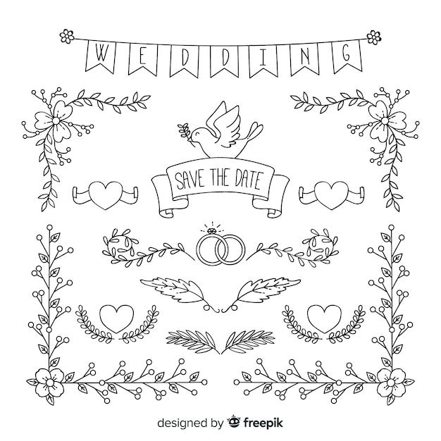 Vector gratuito set de adornos de boda dibujados a mano