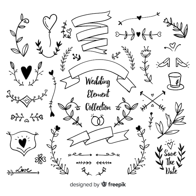 Vector gratuito set de adornos de boda dibujados