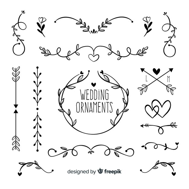 Set de adornos dibujados de boda