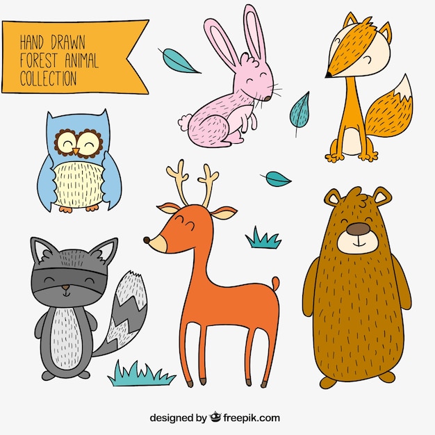 Vector gratuito set de animales del bosque alegres dibujados a mano