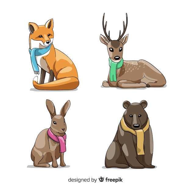 Vector gratuito set de animales del bosque en invierno