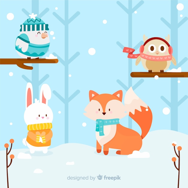 Vector gratuito set de animales del bosque en invierno