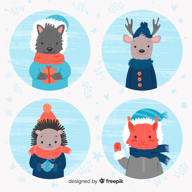 Vector gratuito set de animales del bosque en invierno