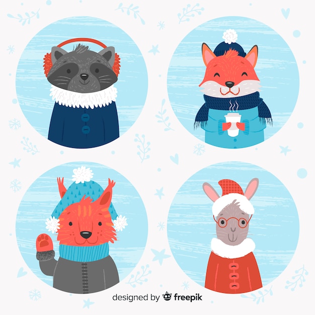 Vector gratuito set de animales del bosque en invierno