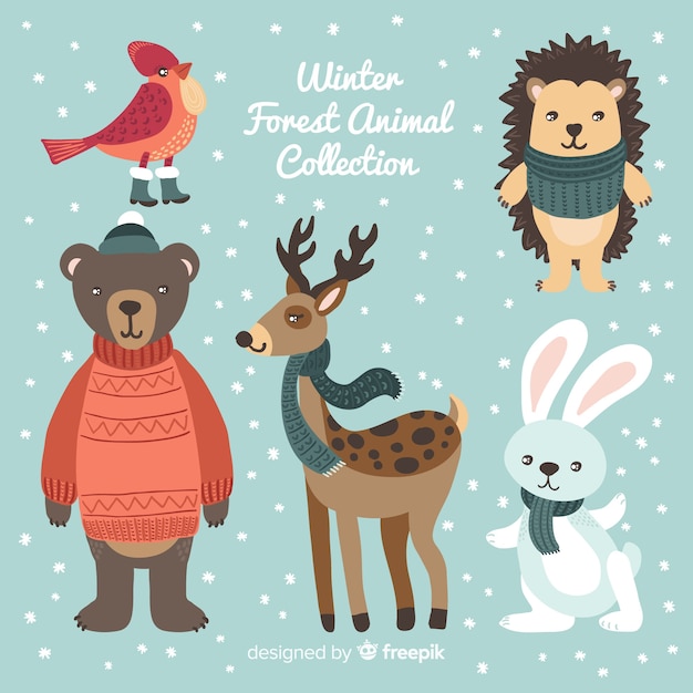 Vector gratuito set de animales del bosque en invierno