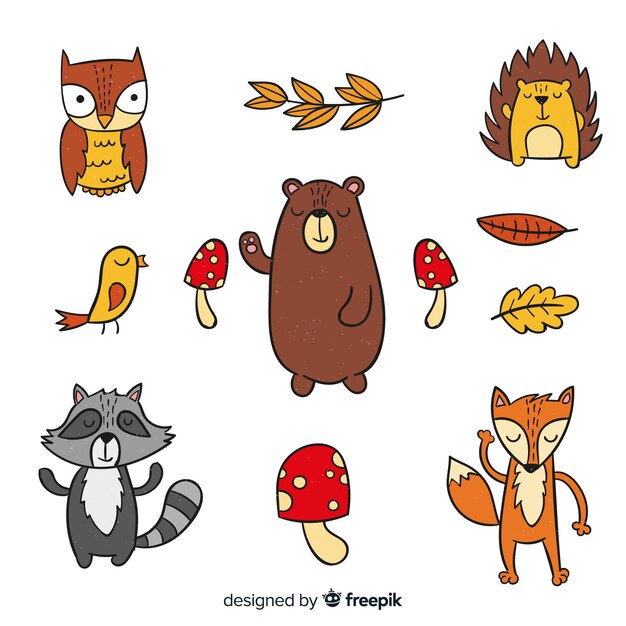 Set de animales de bosque otoñal dibujados