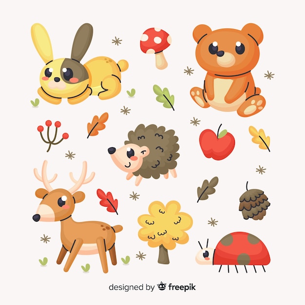 Set de animales de bosque otoñal dibujados