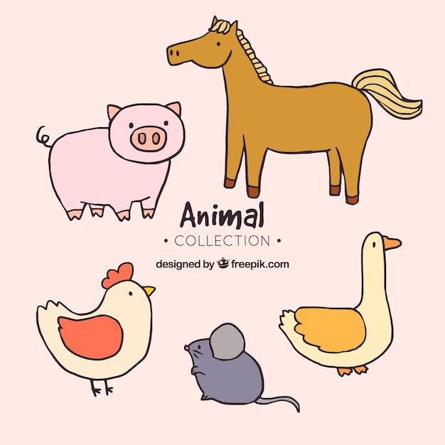 Set de animales de granja dibujados a mano