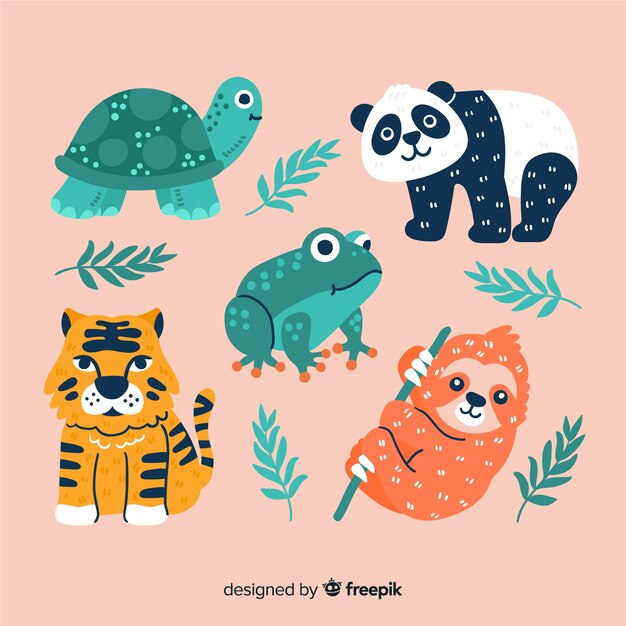 Set de animales tropicales dibujados a mano