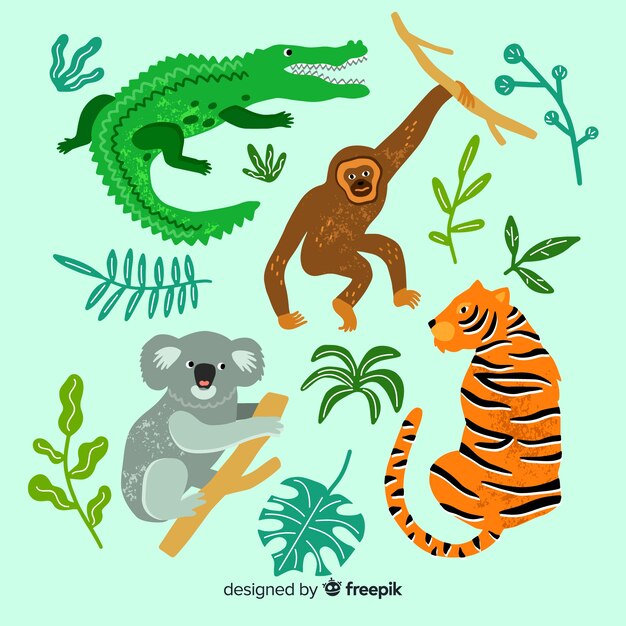 Set de animales tropicales dibujados a mano