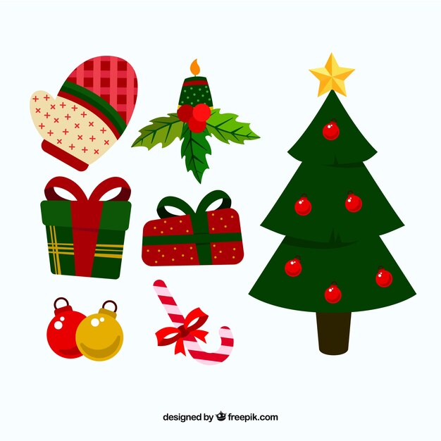 Vector gratuito set de árbol de navidad con otros elementos decorativos