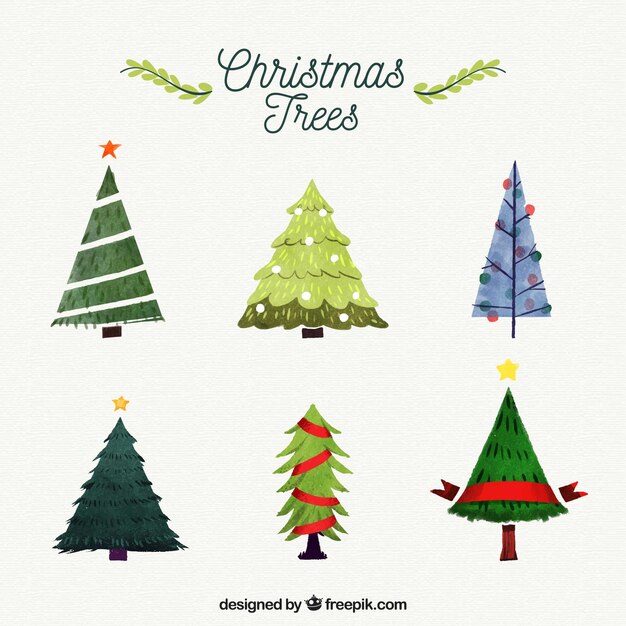 Set de árboles de navidad de acuarela 