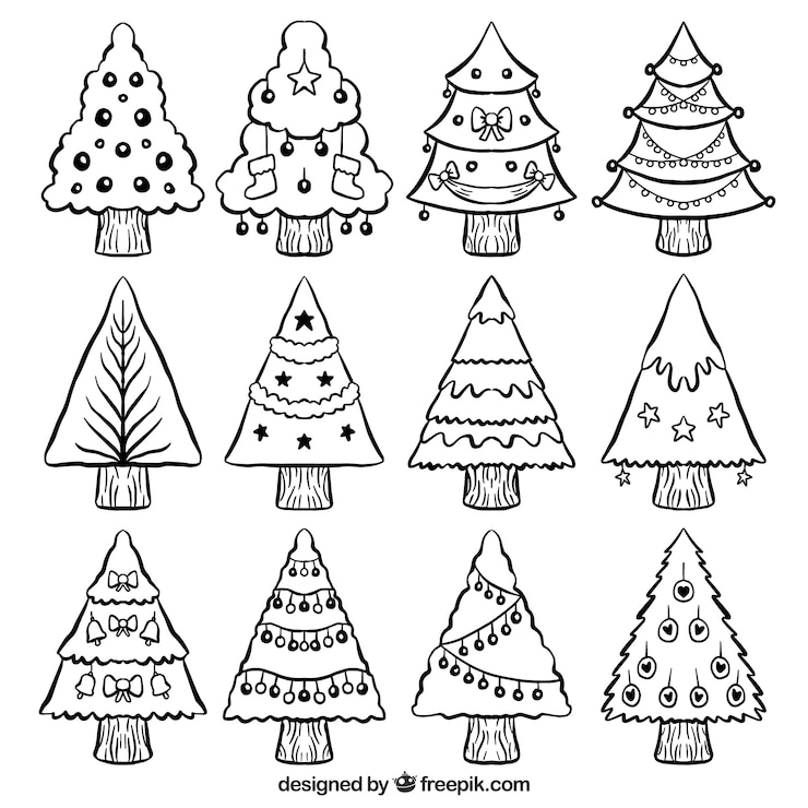 Vector gratuito set de árboles de navidad con adornos dibujados a mano