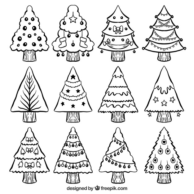 Set de árboles de navidad con adornos dibujados a mano