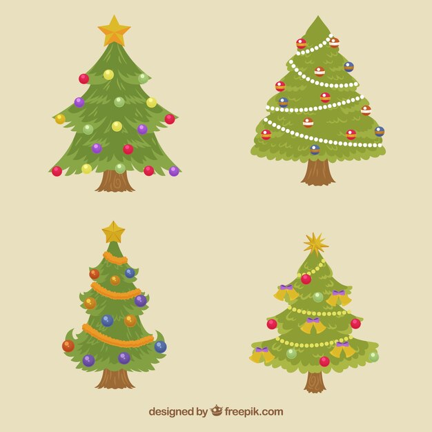 Set de árboles de navidad con bonitos adornos 