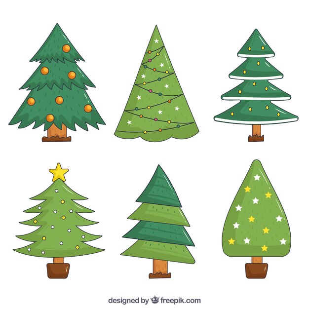 Set de árboles de navidad dibujados a mano 