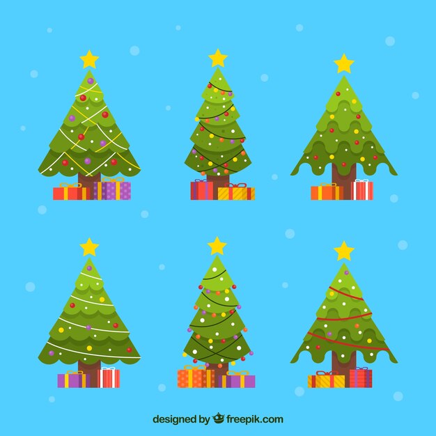 Set de árboles de navidad en diseño plano 