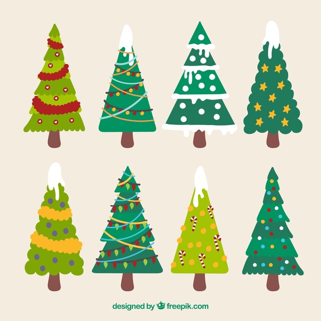 Set de árboles de navidad en diseño plano 