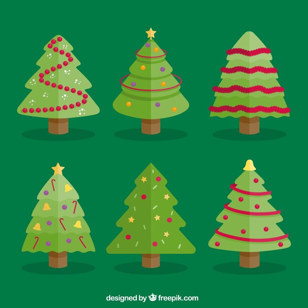 Set de árboles navideños en diseño plano