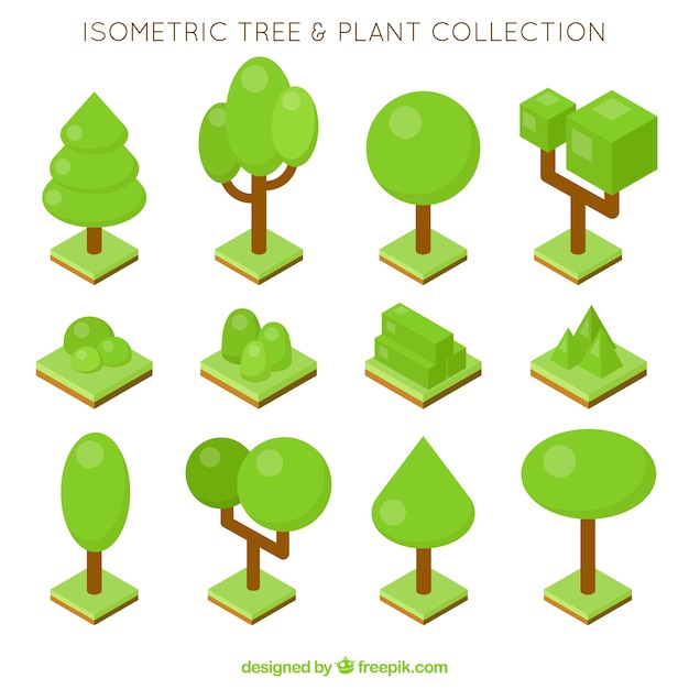 Set de árboles y plantas en estilo isométrico