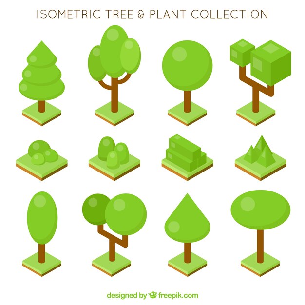 Set de árboles y plantas en estilo isométrico