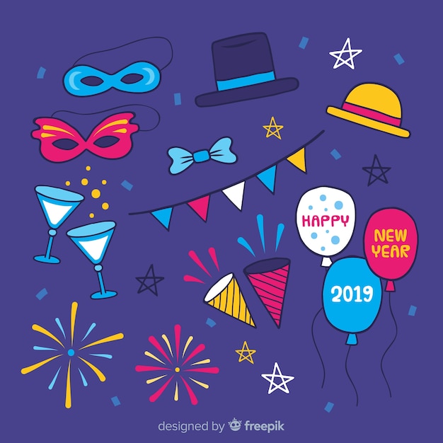 Vector gratuito set de artículos de fiesta de año nuevo 2019