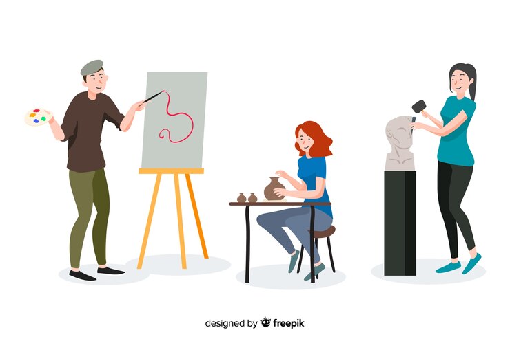 Vector gratuito set de artistas de diferentes disciplinas. pintor, escultora y artesana