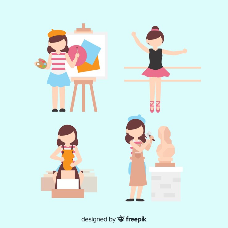 Vector gratuito set de artistas de diferentes disciplinas. pintora, bailarina, artesana y escultora