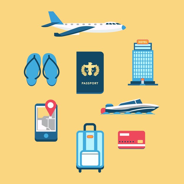 Set de avión con pasaporte y otros elementos de viaje 