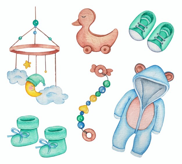 Set de baby shower en acuarela dibujado a mano