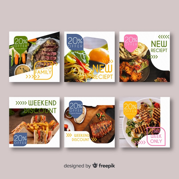 Vector gratuito set banner de comida cuadrados fotográficos