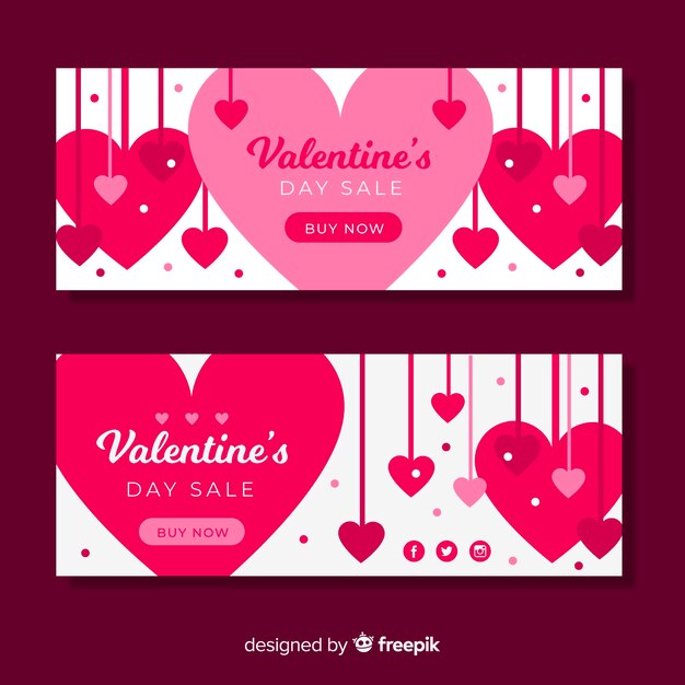Set banner rebajas san valentín corazones colgando