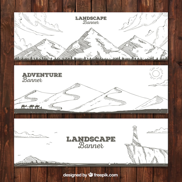 Vector gratuito set de banners de bosquejos de montañas