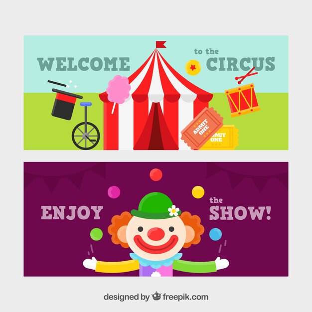 Set de banners de circo con carpa y payaso