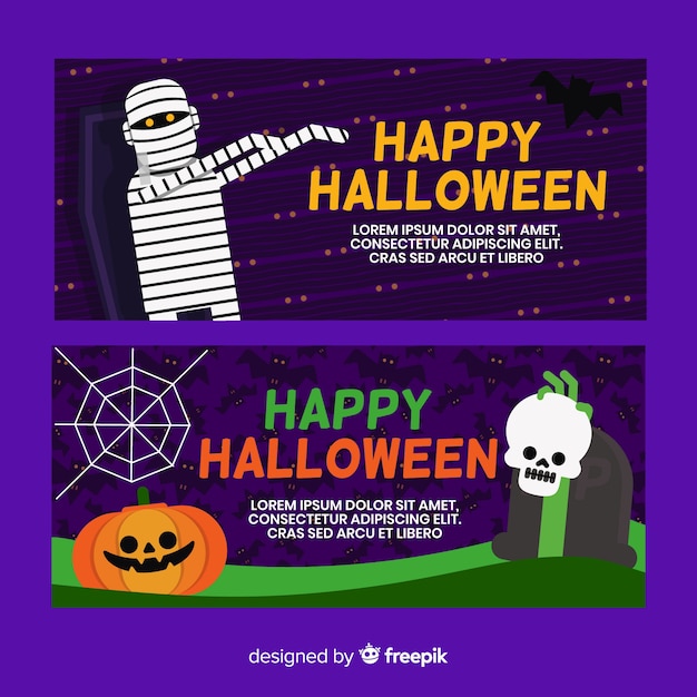 Vector gratuito set de banners de halloween en diseño plano