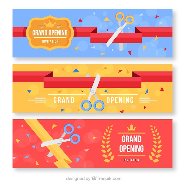 Vector gratuito set de banners de inauguración en diseño plano