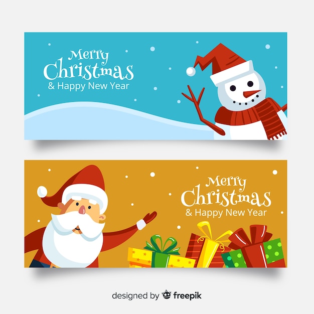 Set de banners de navidad con muñeco de nieve y santa claus en diseño plano