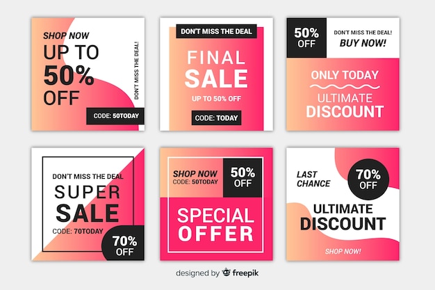 Vector gratuito set de banners de ofertas con formato cuadrado para instagram