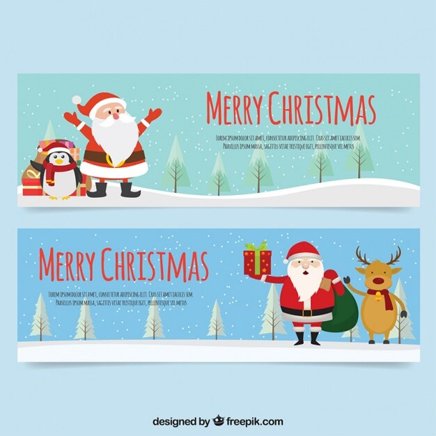 Set de banners planos de papá noel con un pingüino y un reno