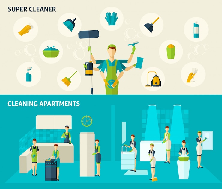 Vector gratuito set de banners planos super cleaner