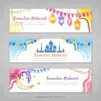 Vector gratuito set de banners de ramadan en efecto acuarela