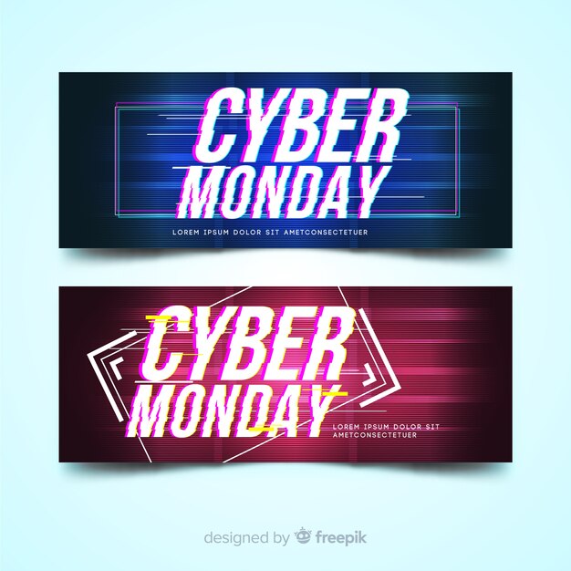 Set de banners de rebajas de cyber monday con efecto glitch