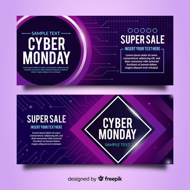 Set de banners de rebajas de cyber monday estilo neón