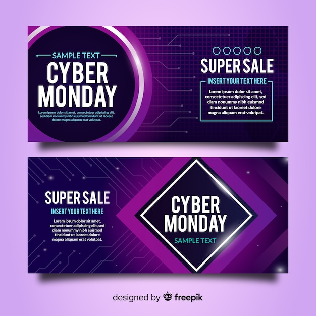 Set de banners de rebajas de cyber monday estilo neón