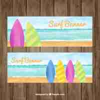 Vector gratuito set de banners de surf de acuarela