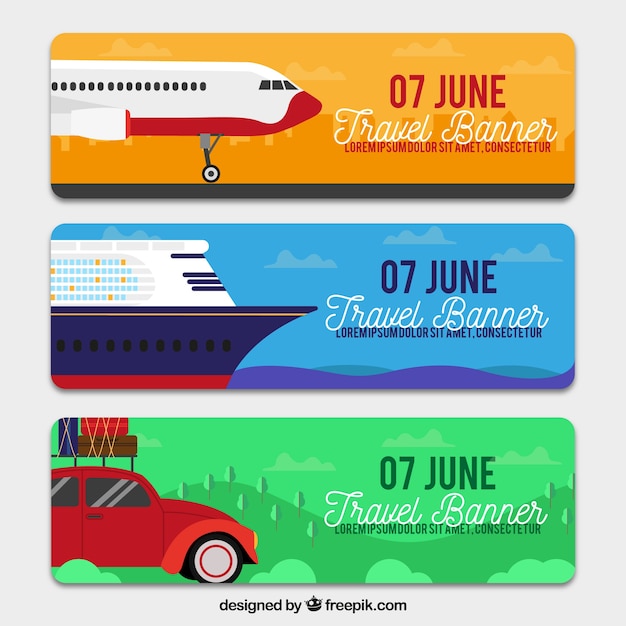 Vector gratuito set de banners de viaje con transportes