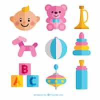 Vector gratuito set de bebé con juguetes en diseño plano